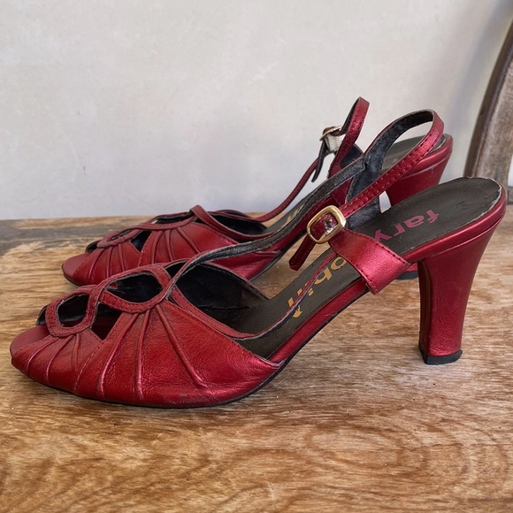 FARYL ROBIN Anthropologie Iridescent Wine Red Sling Back Open Toe Heels Size 8M - Picture 5 of 11